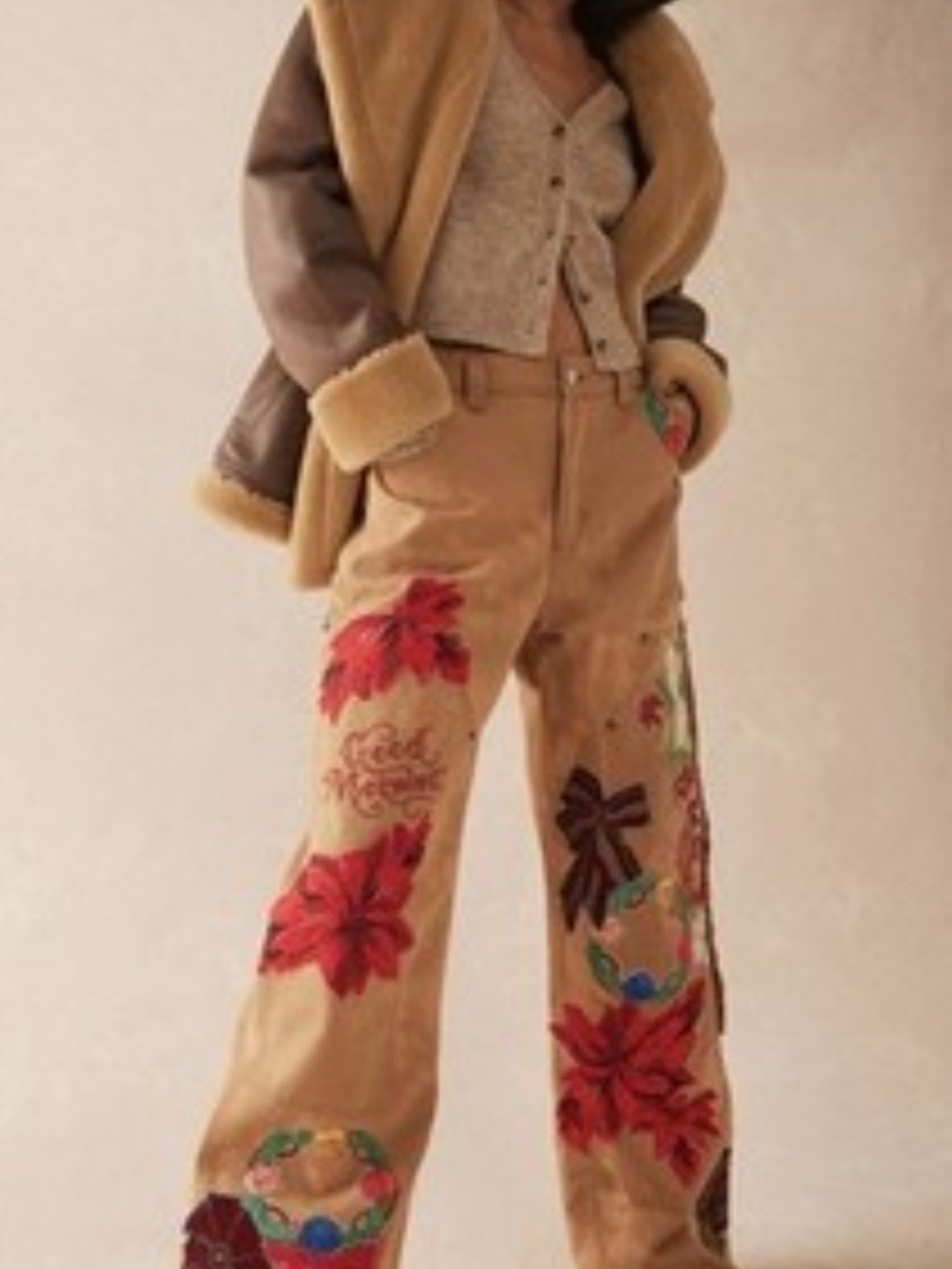 Free People "Bright Time Craft" Tan Embroidered Floral Wide-Leg Jeans - Picture 4 of 14